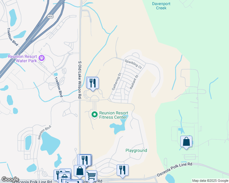 map of restaurants, bars, coffee shops, grocery stores, and more near 7546 Gathering Drive in Osceola County
