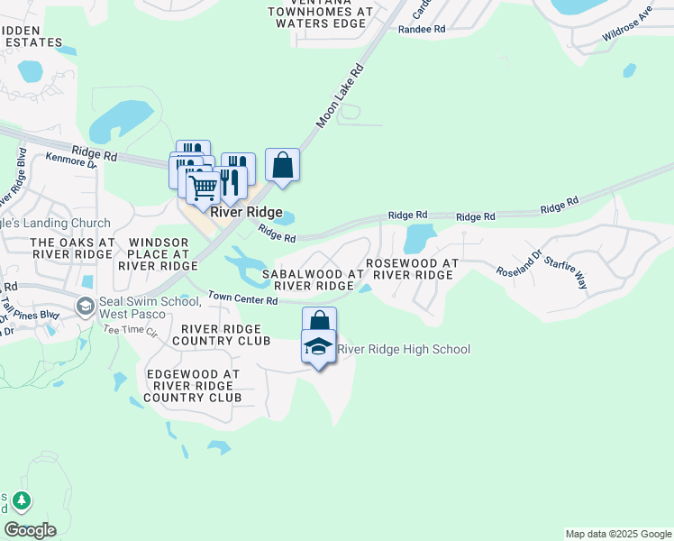map of restaurants, bars, coffee shops, grocery stores, and more near 7821 Floradora Drive in New Port Richey