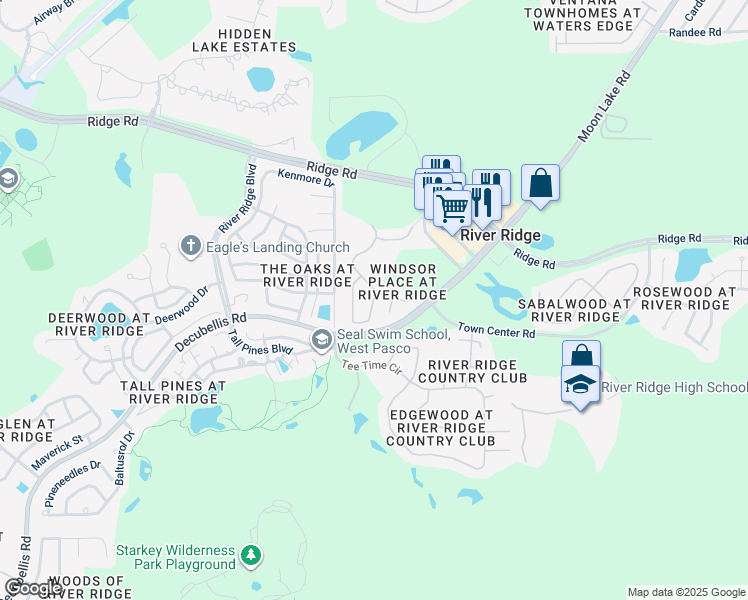 map of restaurants, bars, coffee shops, grocery stores, and more near 7644 Prospect Hill Circle in New Port Richey