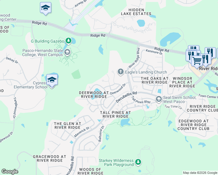 map of restaurants, bars, coffee shops, grocery stores, and more near 7737 Landsdowne Lane in New Port Richey