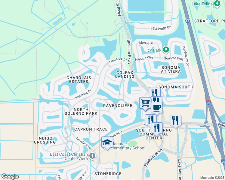 map of restaurants, bars, coffee shops, grocery stores, and more near 3631 Thurloe Drive in Rockledge