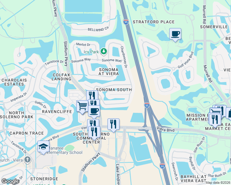 map of restaurants, bars, coffee shops, grocery stores, and more near 2917 Mondavi Drive in Rockledge