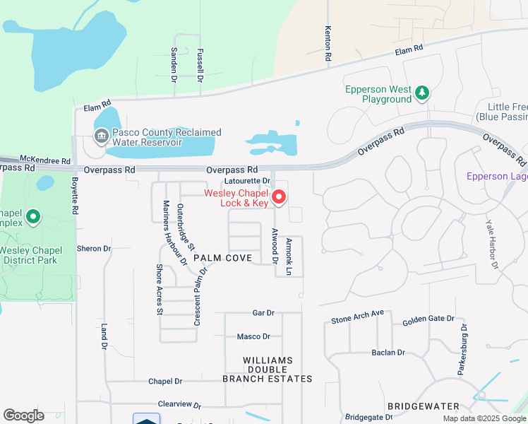 map of restaurants, bars, coffee shops, grocery stores, and more near 30652 Palmerston Place in Wesley Chapel