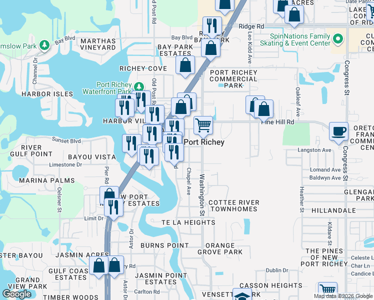 map of restaurants, bars, coffee shops, grocery stores, and more near 7806 Chapel Avenue in Port Richey