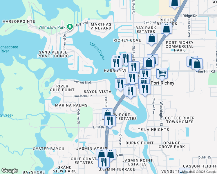 map of restaurants, bars, coffee shops, grocery stores, and more near 7751 Pier Road in Port Richey