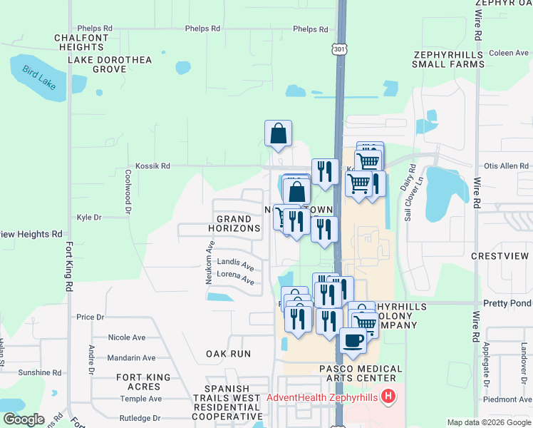 map of restaurants, bars, coffee shops, grocery stores, and more near 7736 Kay Marie Avenue in Zephyrhills
