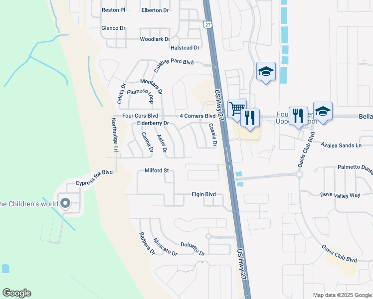 map of restaurants, bars, coffee shops, grocery stores, and more near 132 Elderberry Drive in Davenport