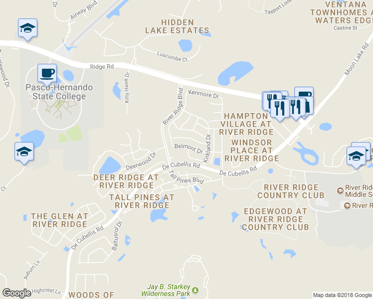 map of restaurants, bars, coffee shops, grocery stores, and more near 10826 Claymont Drive in New Port Richey