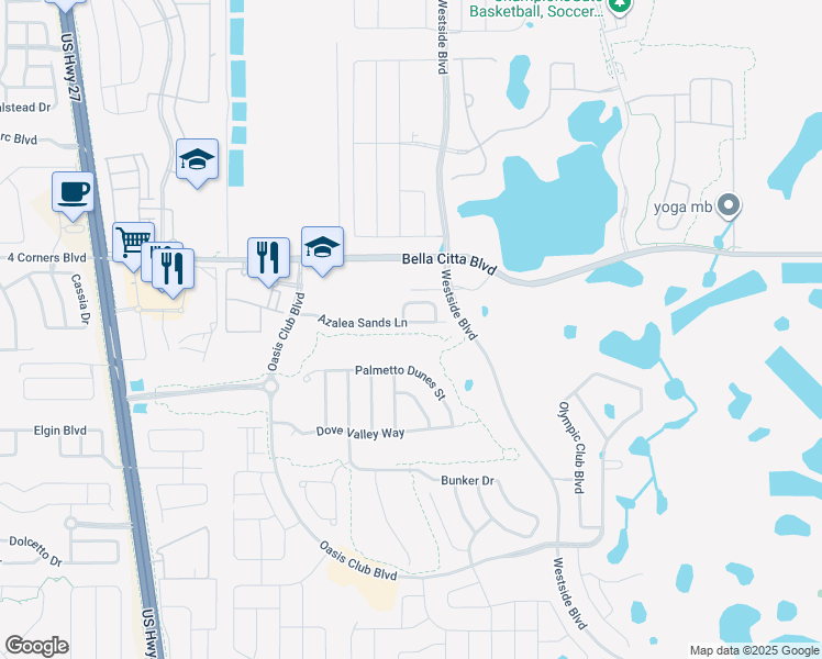 map of restaurants, bars, coffee shops, grocery stores, and more near 8939 Azalea Sands Lane in Davenport