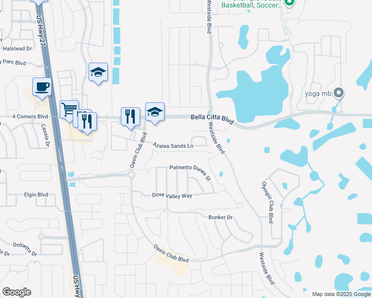 map of restaurants, bars, coffee shops, grocery stores, and more near 8981 Azalea Sands Lane in Davenport