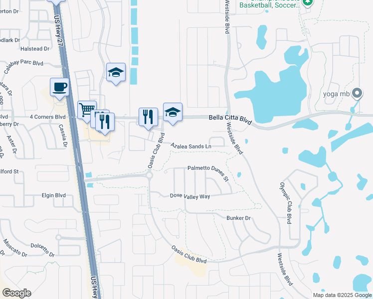 map of restaurants, bars, coffee shops, grocery stores, and more near 9021 Azalea Sands Lane in Davenport