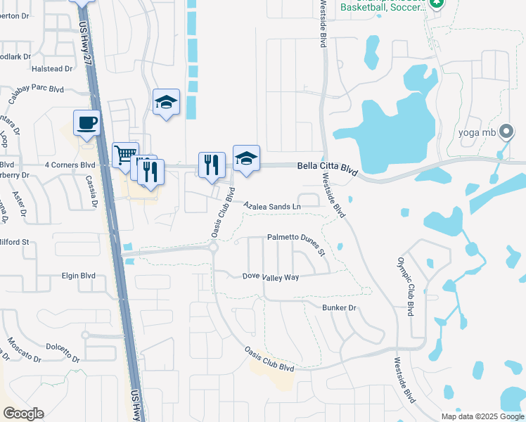 map of restaurants, bars, coffee shops, grocery stores, and more near 9021 Azalea Sands Lane in Davenport