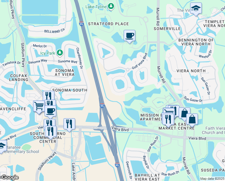 map of restaurants, bars, coffee shops, grocery stores, and more near 2268 Brightwood Circle in Rockledge