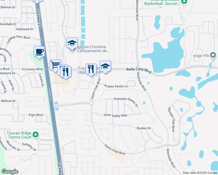 map of restaurants, bars, coffee shops, grocery stores, and more near 9021 Azalea Sands Lane in Davenport