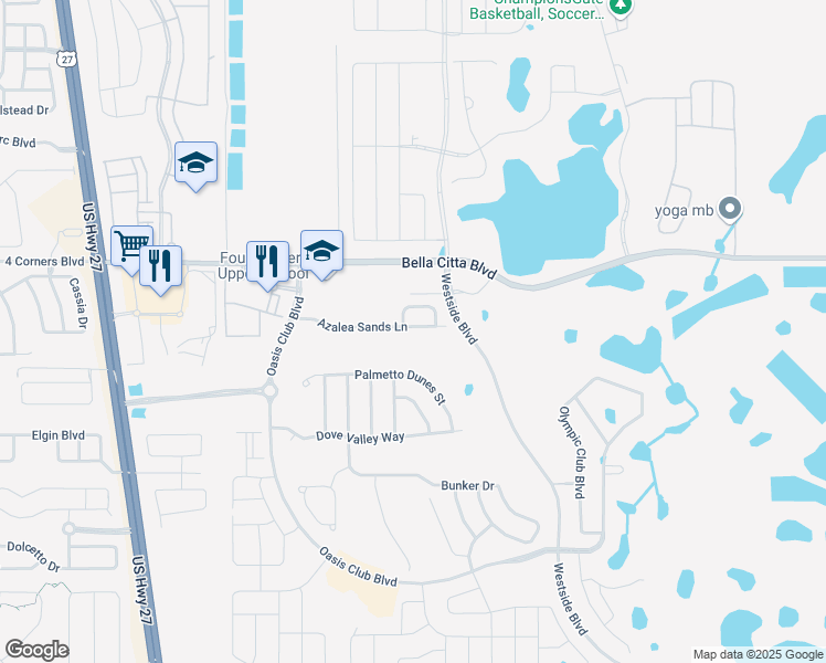 map of restaurants, bars, coffee shops, grocery stores, and more near 8939 Azalea Sands Lane in Davenport