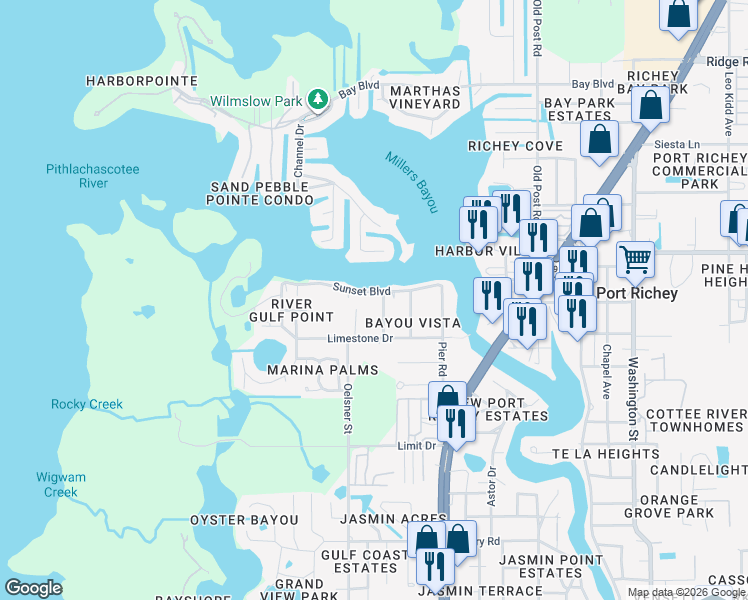 map of restaurants, bars, coffee shops, grocery stores, and more near 5021 Sunset Boulevard in Port Richey