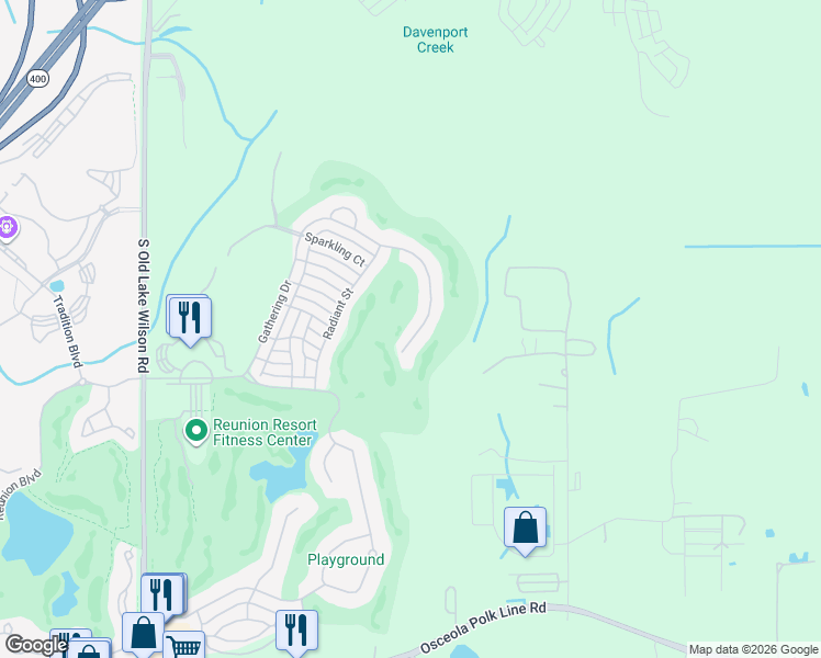 map of restaurants, bars, coffee shops, grocery stores, and more near 7396 Gathering Court in Osceola County