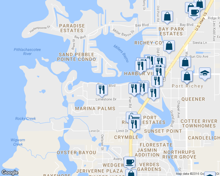 map of restaurants, bars, coffee shops, grocery stores, and more near 5038 Sunset Blvd in Port Richey