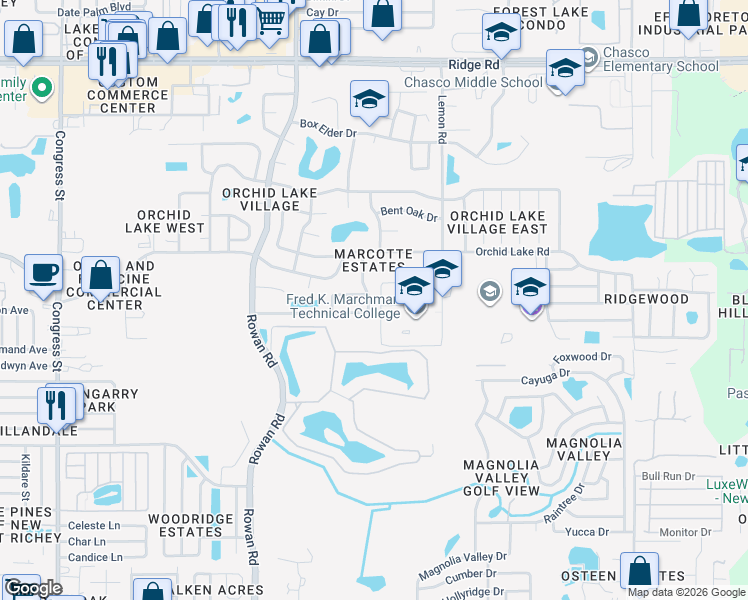 map of restaurants, bars, coffee shops, grocery stores, and more near 7830 Seasons Lane in New Port Richey