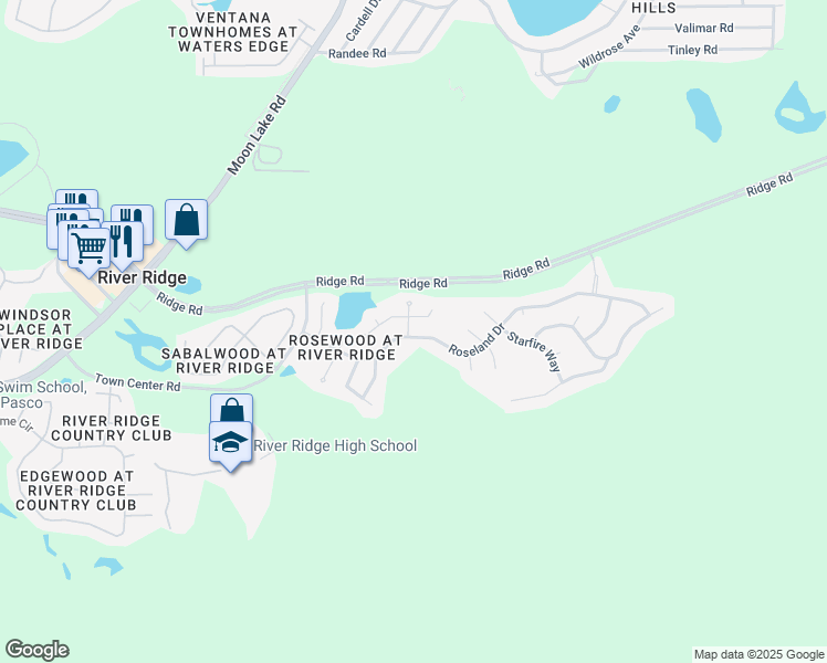 map of restaurants, bars, coffee shops, grocery stores, and more near 12119 Roseland Drive in New Port Richey
