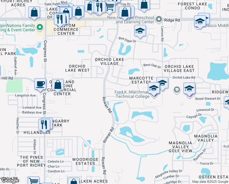 map of restaurants, bars, coffee shops, grocery stores, and more near 7036 Mistletoe Court in New Port Richey