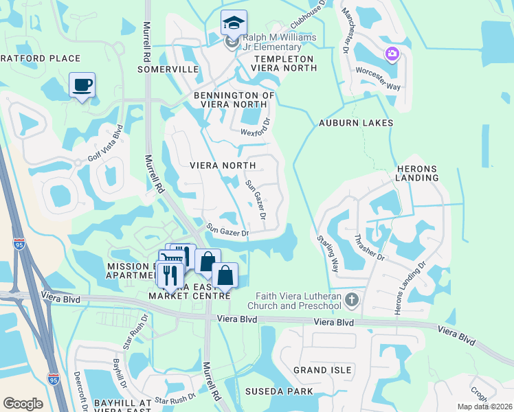 map of restaurants, bars, coffee shops, grocery stores, and more near 1875 Sun Gazer Drive in Rockledge