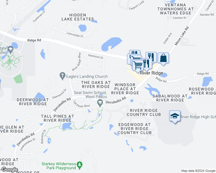 map of restaurants, bars, coffee shops, grocery stores, and more near 7837 Prospect Hill Circle in New Port Richey