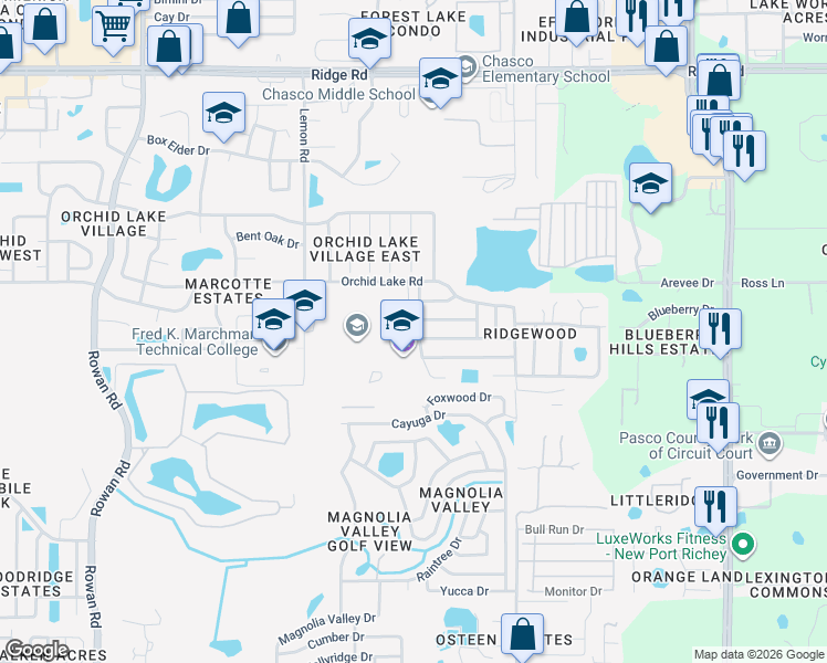 map of restaurants, bars, coffee shops, grocery stores, and more near 7801 Glencoe Drive in New Port Richey