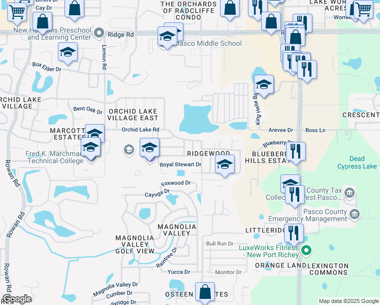map of restaurants, bars, coffee shops, grocery stores, and more near 7925 Edinburgh Drive in New Port Richey