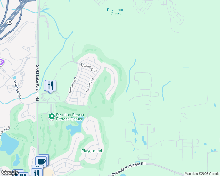 map of restaurants, bars, coffee shops, grocery stores, and more near 7396 Gathering Court in Osceola County