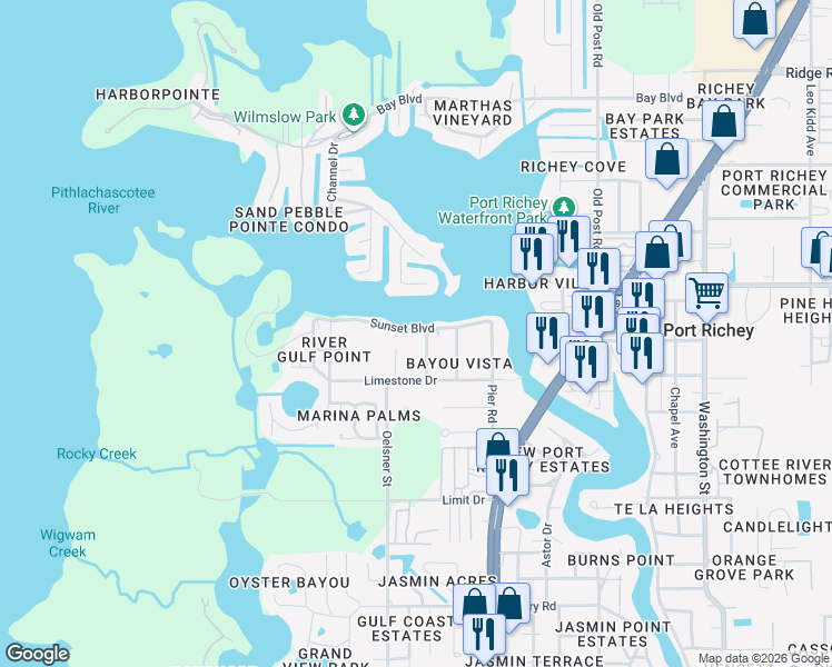 map of restaurants, bars, coffee shops, grocery stores, and more near 5038 Sunset Boulevard in Port Richey