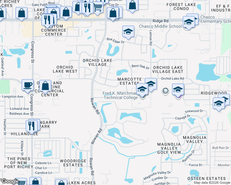 map of restaurants, bars, coffee shops, grocery stores, and more near 7139 Bromley Drive in New Port Richey
