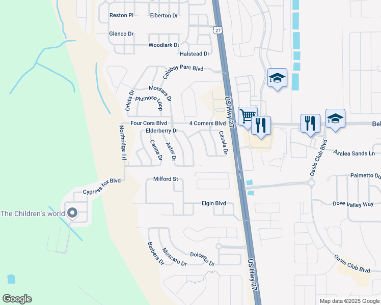 map of restaurants, bars, coffee shops, grocery stores, and more near 163 Elderberry Drive in Davenport