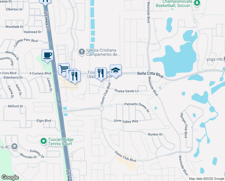 map of restaurants, bars, coffee shops, grocery stores, and more near 9066 Azalea Sands Lane in Davenport