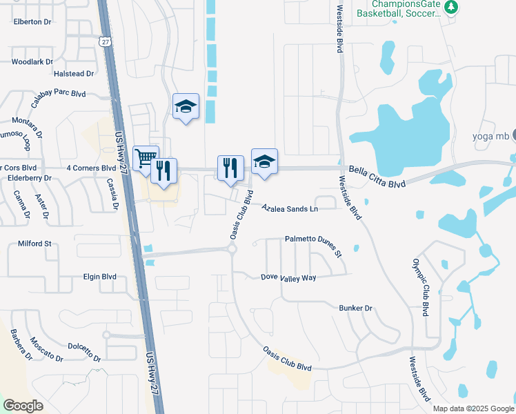 map of restaurants, bars, coffee shops, grocery stores, and more near 9052 Azalea Sands Lane in Davenport
