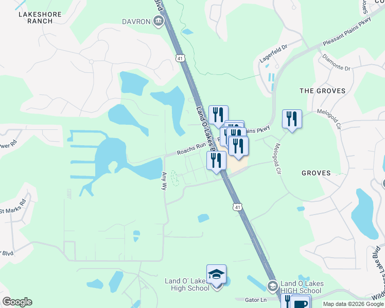 map of restaurants, bars, coffee shops, grocery stores, and more near 7735 Land O' Lakes Boulevard in Land O' Lakes