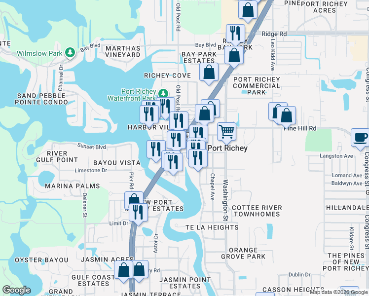 map of restaurants, bars, coffee shops, grocery stores, and more near 7904 U.S. 19 in Port Richey