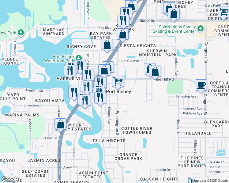 map of restaurants, bars, coffee shops, grocery stores, and more near 5711 River Gulf Road in Port Richey