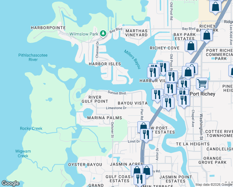 map of restaurants, bars, coffee shops, grocery stores, and more near Sunset Boulevard in Port Richey