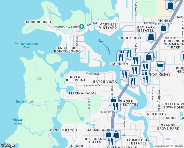 map of restaurants, bars, coffee shops, grocery stores, and more near 5021 Sunset Boulevard in Port Richey