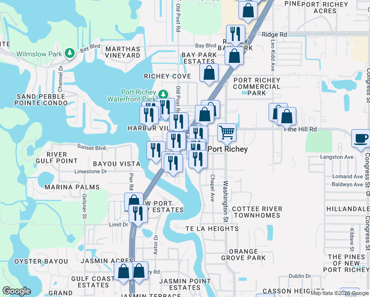 map of restaurants, bars, coffee shops, grocery stores, and more near 7904 U.S. 19 in Port Richey