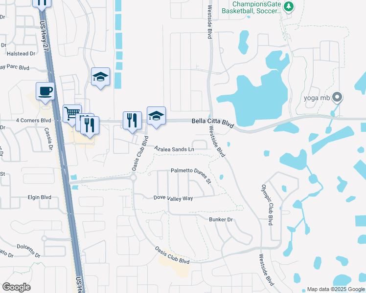 map of restaurants, bars, coffee shops, grocery stores, and more near 8983 Azalea Sands Lane in Davenport