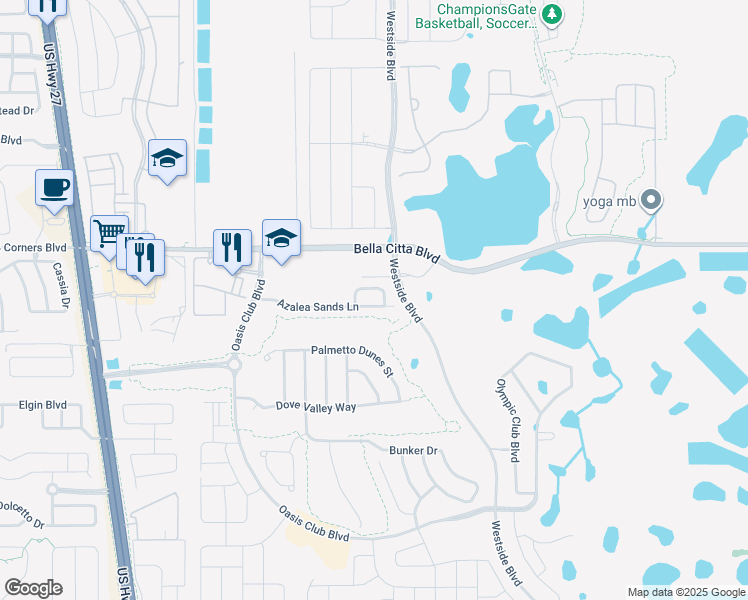 map of restaurants, bars, coffee shops, grocery stores, and more near 8939 Azalea Sands Lane in Davenport