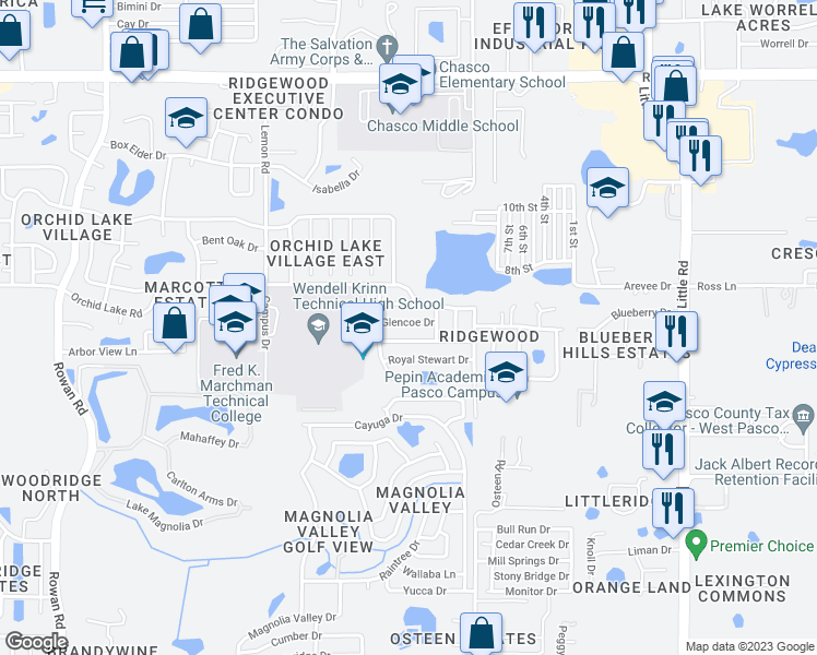 map of restaurants, bars, coffee shops, grocery stores, and more near 7820 Glencoe Drive in New Port Richey