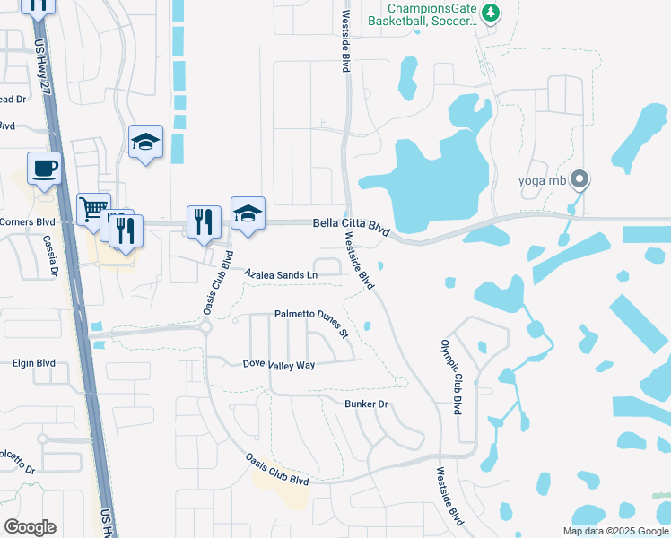 map of restaurants, bars, coffee shops, grocery stores, and more near 8919 Azalea Sands Lane in Davenport