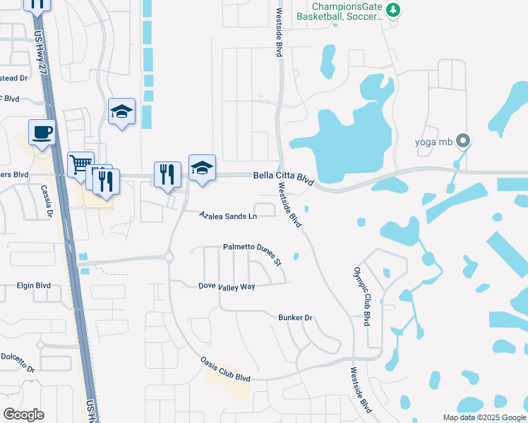 map of restaurants, bars, coffee shops, grocery stores, and more near 8939 Azalea Sands Lane in Davenport