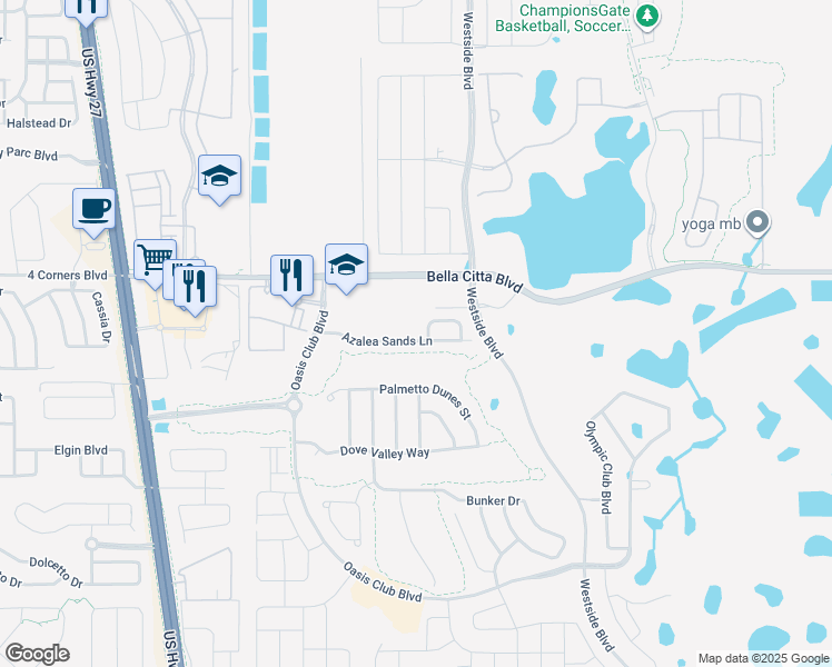 map of restaurants, bars, coffee shops, grocery stores, and more near 8981 Azalea Sands Lane in Davenport