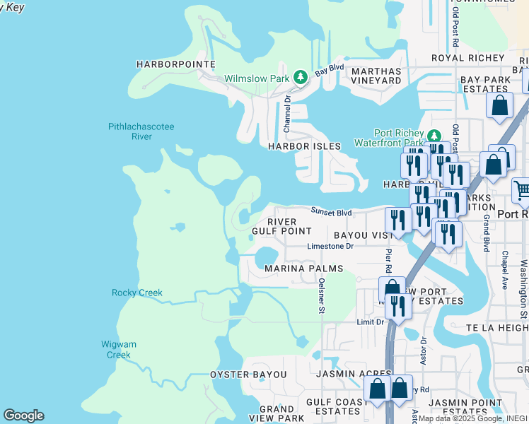 map of restaurants, bars, coffee shops, grocery stores, and more near 4823 Ebbtide Lane in Port Richey