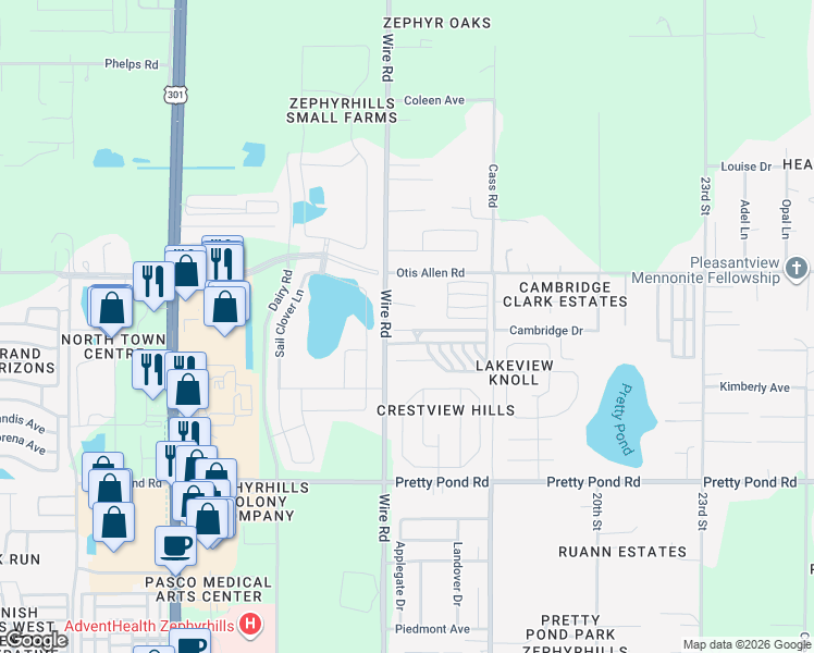 map of restaurants, bars, coffee shops, grocery stores, and more near 38548 Homestead Way in Zephyrhills