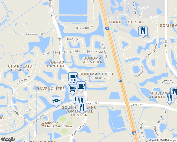 map of restaurants, bars, coffee shops, grocery stores, and more near 3750 Chardonnay Drive in Rockledge